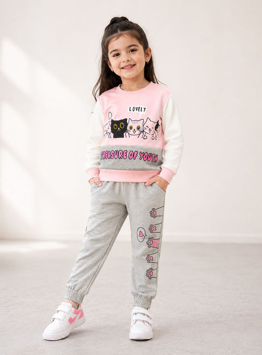 Girls Pink & Grey Cute Cat Print Winter Tracksuit