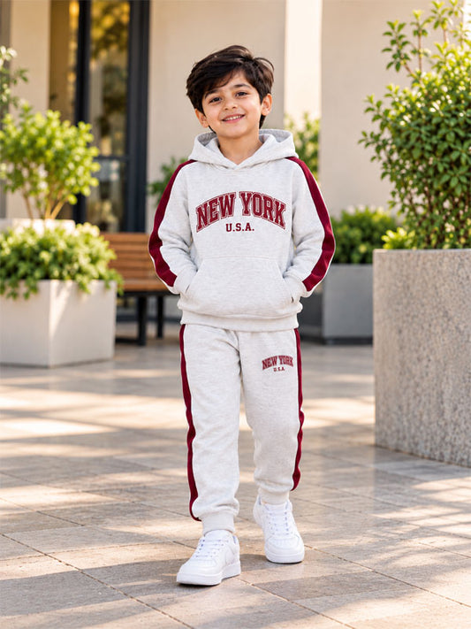 Boys Grey & Maroon New York Hoodie Trouser Tracksuit Set