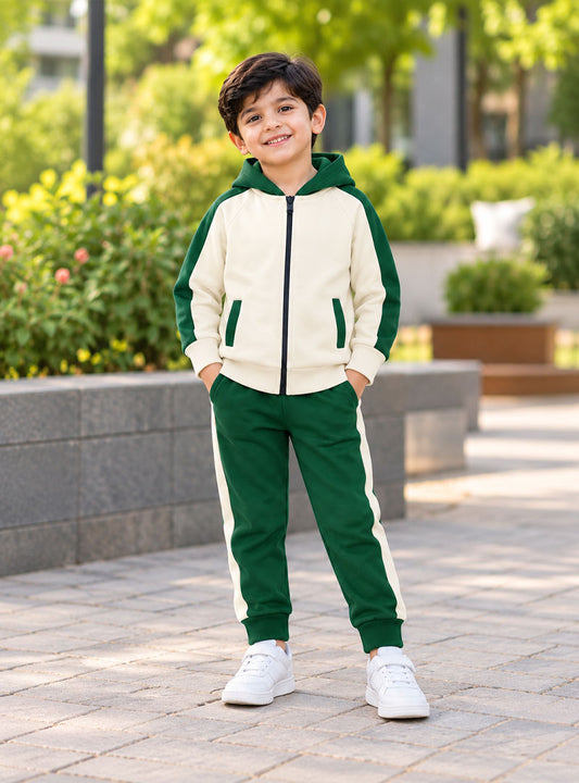 Boys Green & Cream Zip Hoodie Trouser Winter Tracksuit Set