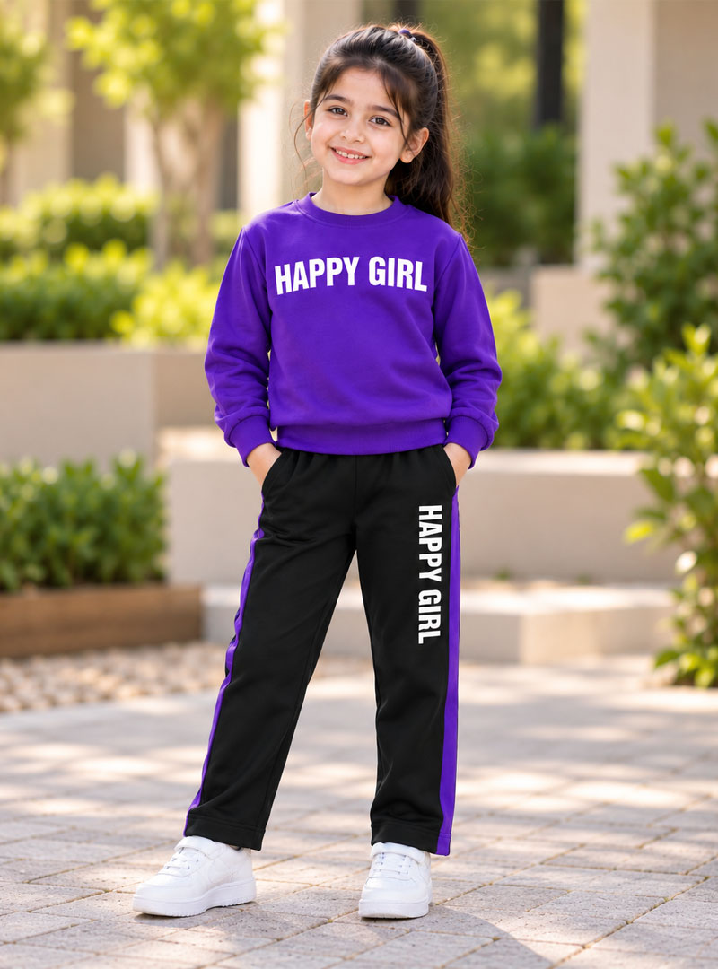 Girl wearing Happy Girl Purple and Black Winter Tracksuit Set
