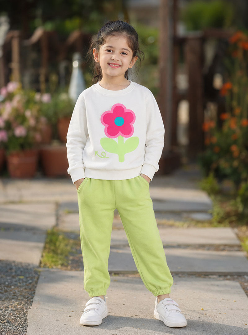Girls White & Lime Green Flower Print Winter Tracksuit