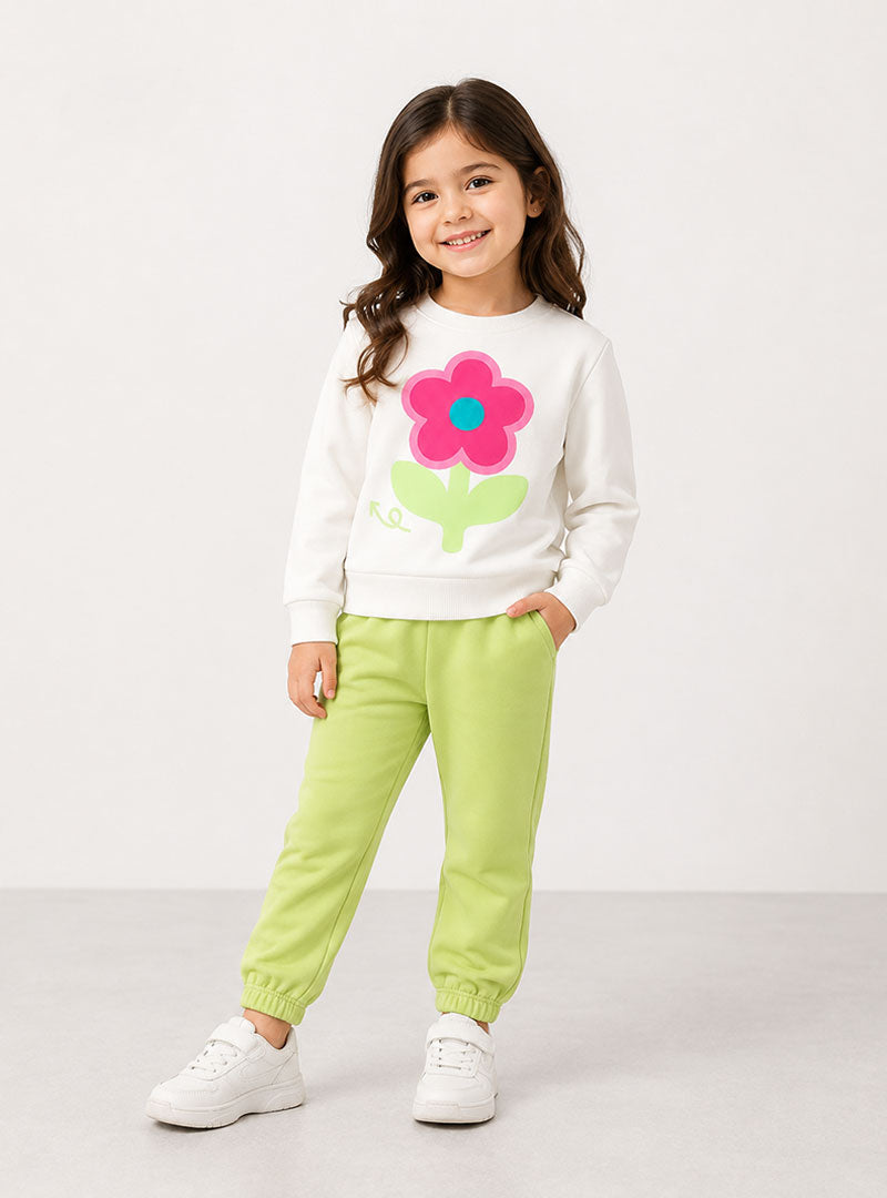 Girls White & Lime Green Flower Print Winter Tracksuit