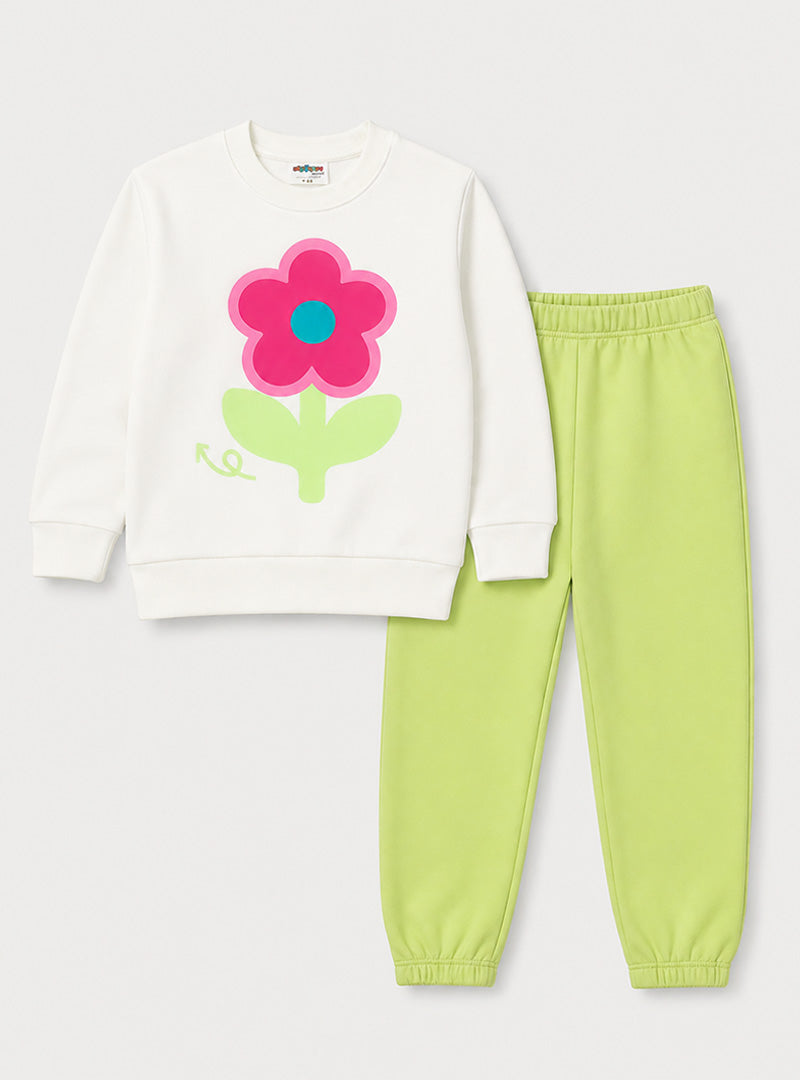 Girls White & Lime Green Flower Print Winter Tracksuit