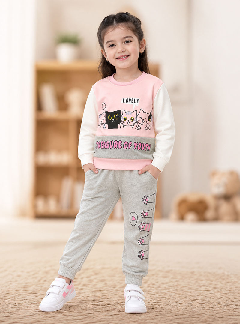 Girls Pink & Grey Cute Cat Print Winter Tracksuit