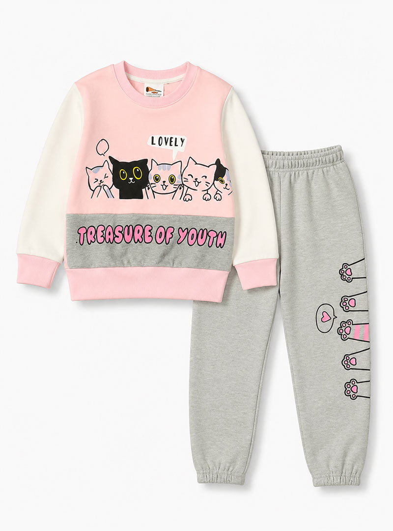 Girls Pink & Grey Cute Cat Print Winter Tracksuit