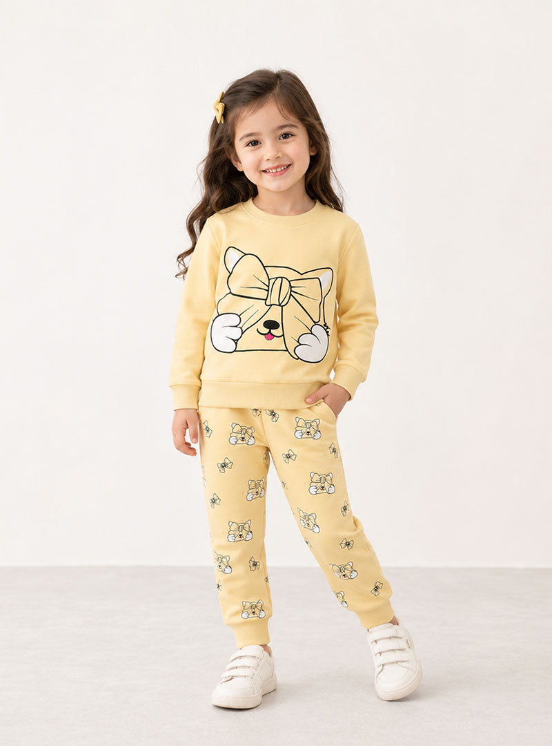 Girls Yellow Cute Cat & Bow Print Winter Tracksuit Set