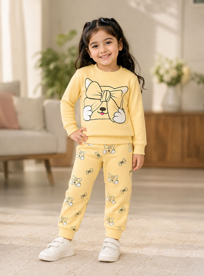 Girls Yellow Cute Cat & Bow Print Winter Tracksuit Set