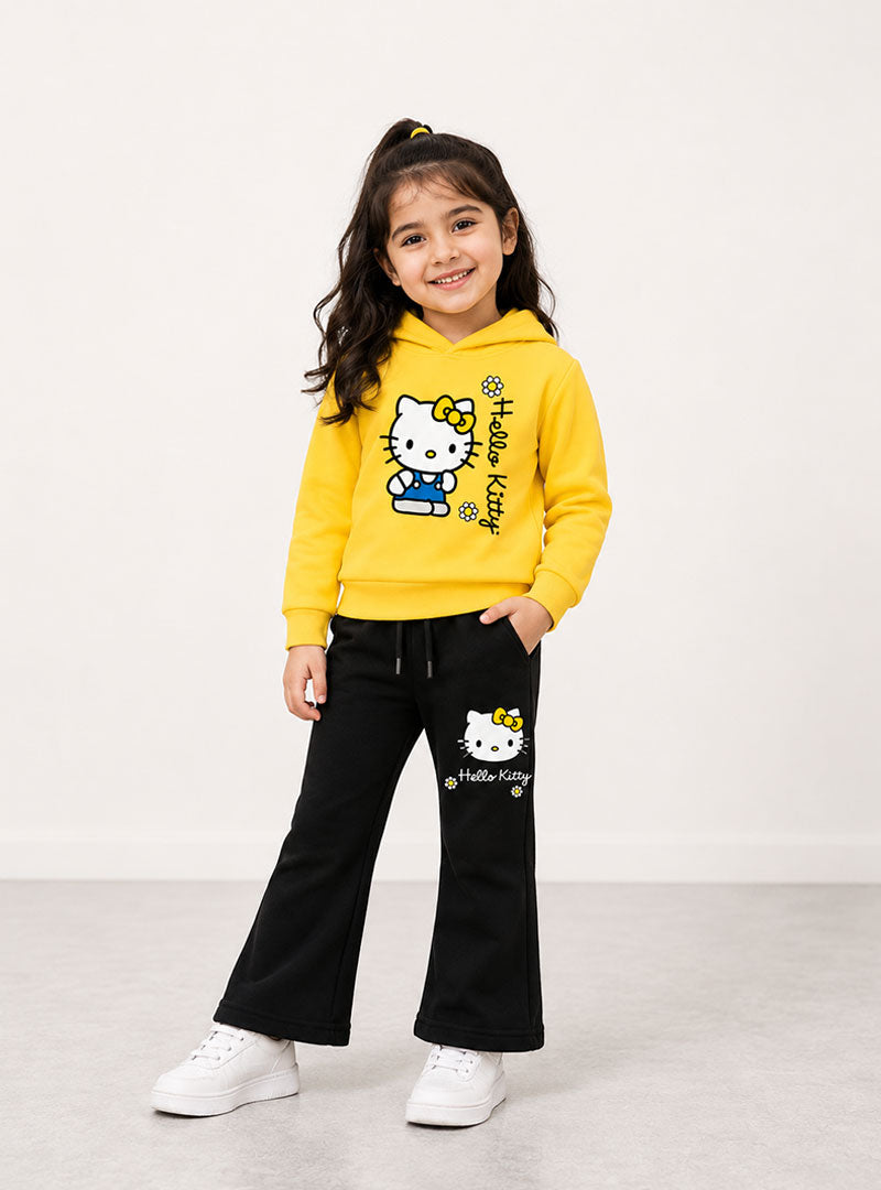 Girls Yellow Hello Kitty Hoodie & Black Trouser Set