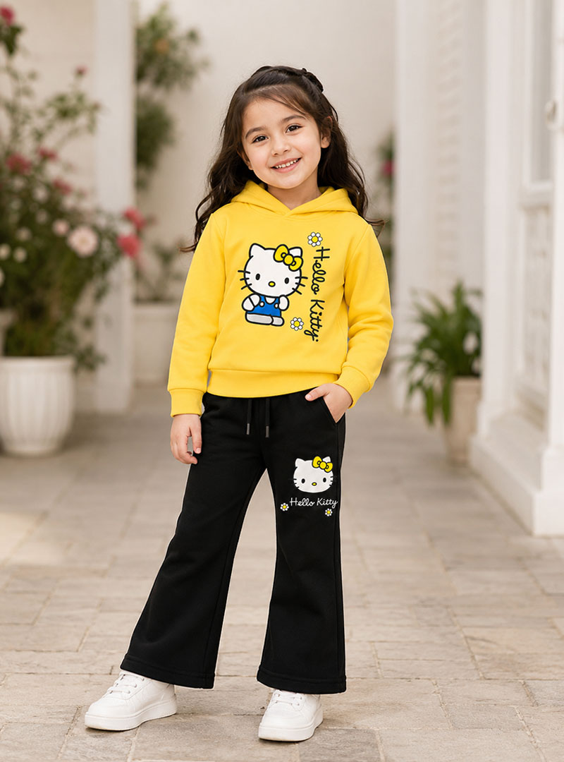 Girls Yellow Hello Kitty Hoodie & Black Trouser Set
