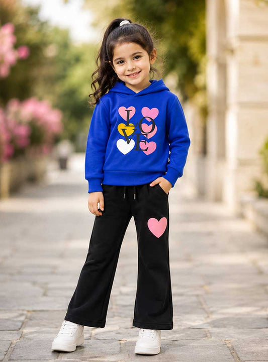 Girls Blue Love Heart Print Hoodie & Trouser Set