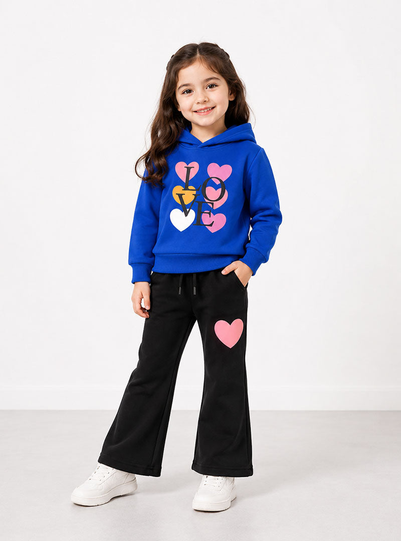 Girls Blue Love Heart Print Hoodie & Trouser Set