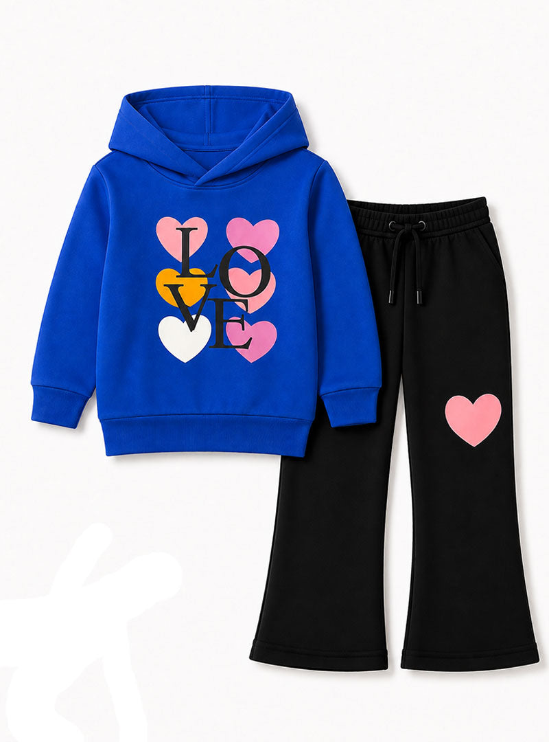 Girls Blue Love Heart Print Hoodie & Trouser Set