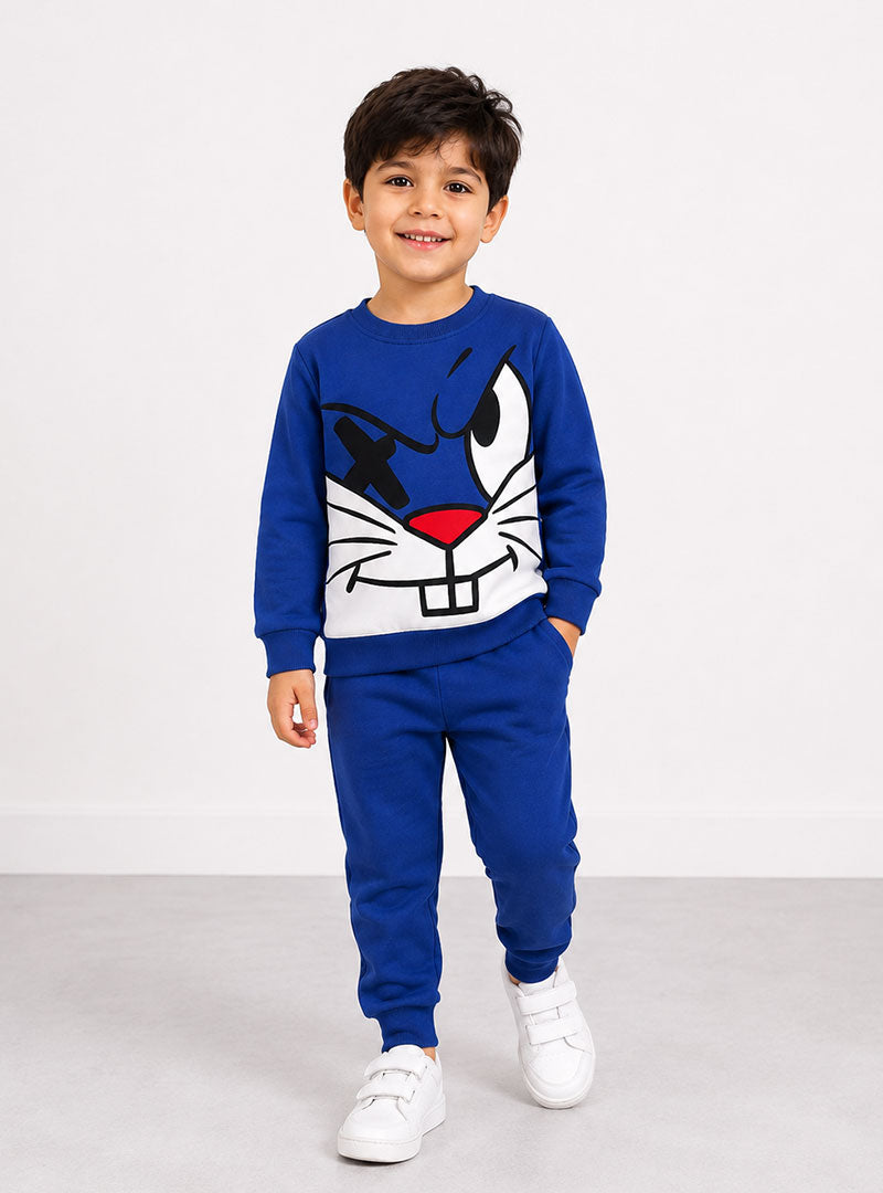 Boys Blue Cartoon Rabbit Print Winter Tracksuit Set