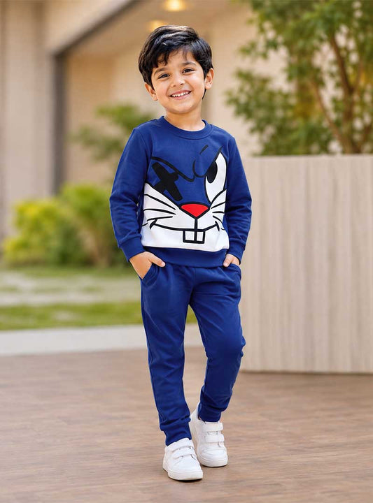 Boys Blue Cartoon Rabbit Print Winter Tracksuit Set