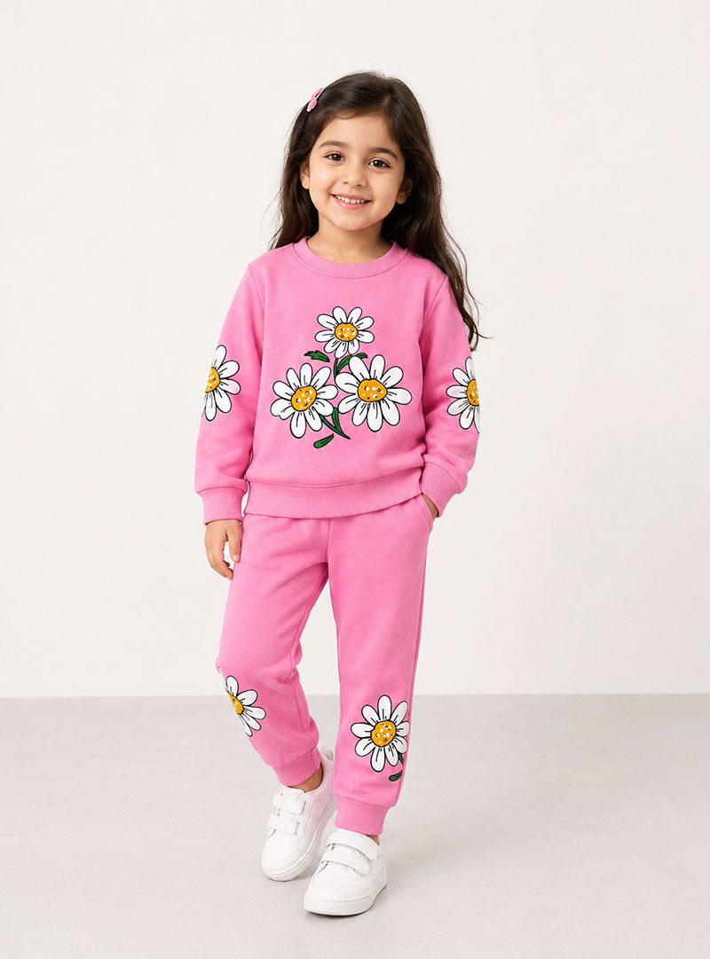 Kids Girls Pink Flower Printed Winter Set