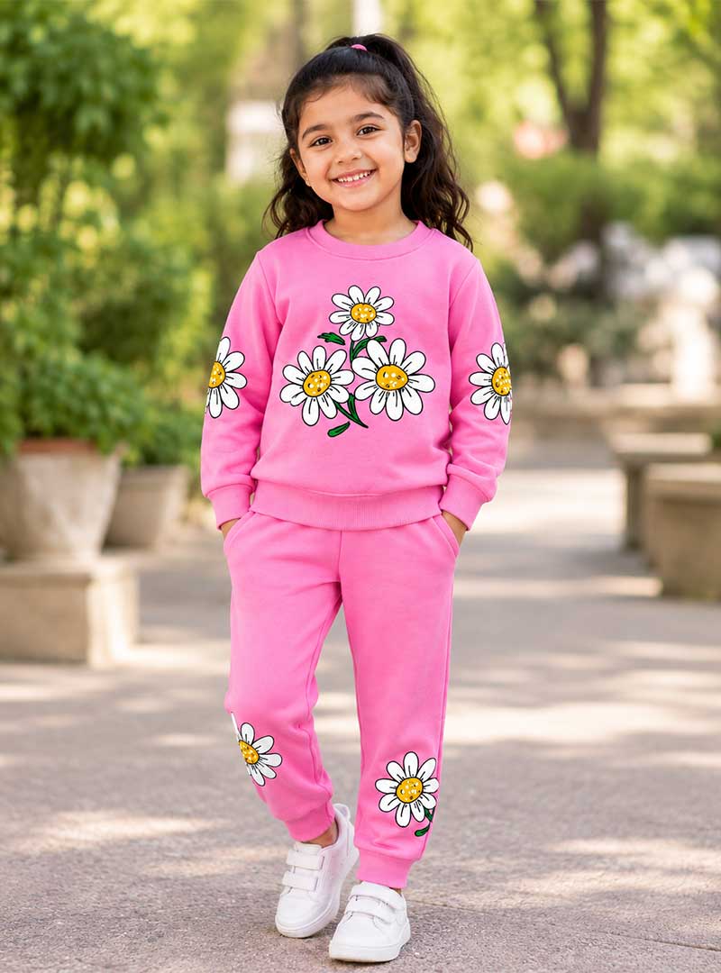 Kids Girls Pink Flower Printed Winter Set