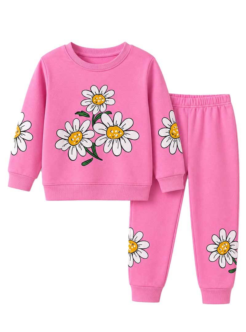 Kids Girls Pink Flower Printed Winter Set