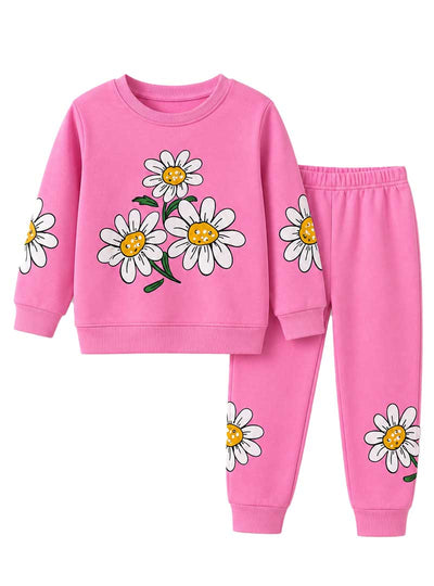 Kids Girls Pink Flower Printed Winter Set