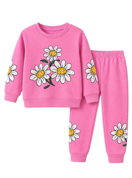 Kids Girls Pink Flower Printed Winter Set