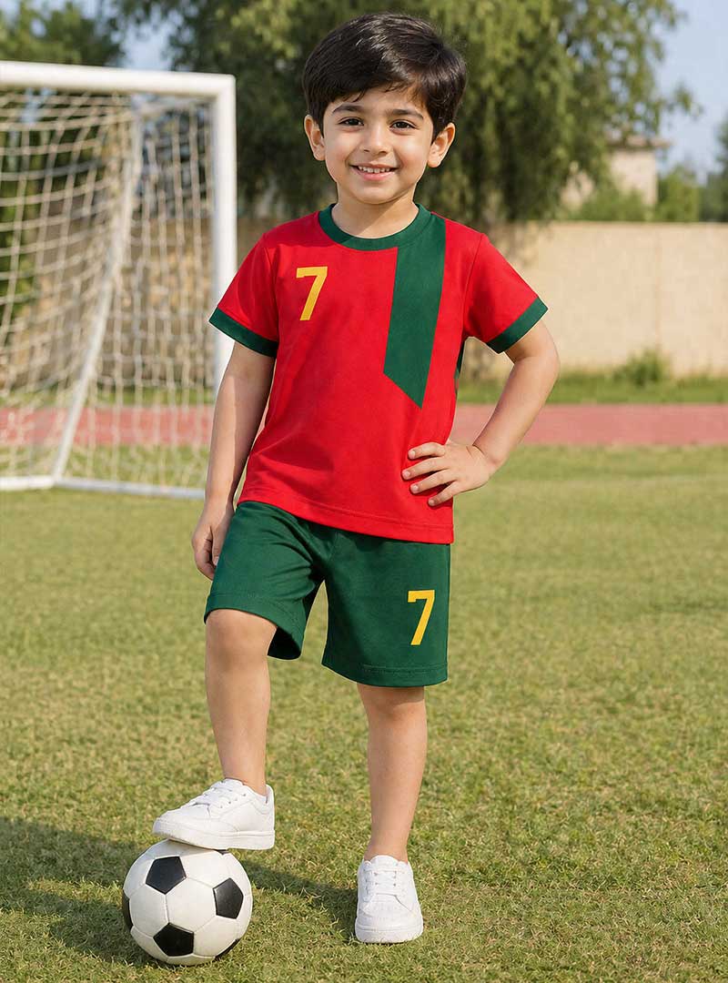 Boys Casual Sportswear Set Red Tee with Green Shorts
