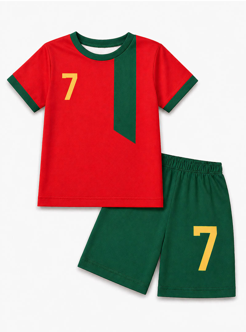 Boys Casual Sportswear Set Red Tee with Green Shorts
