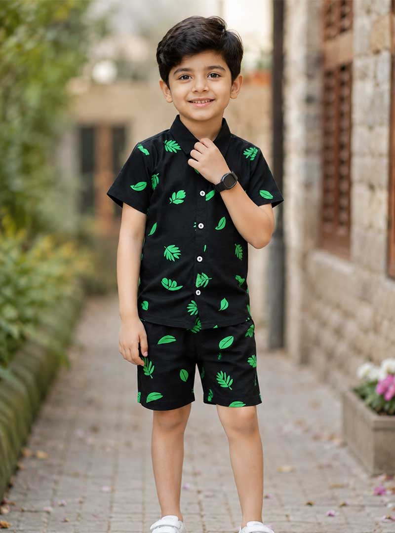 Boys Casual Leaf Print Button Shirt with Shorts Set