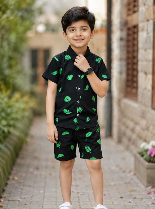 Boys Casual Leaf Print Button Shirt with Shorts Set