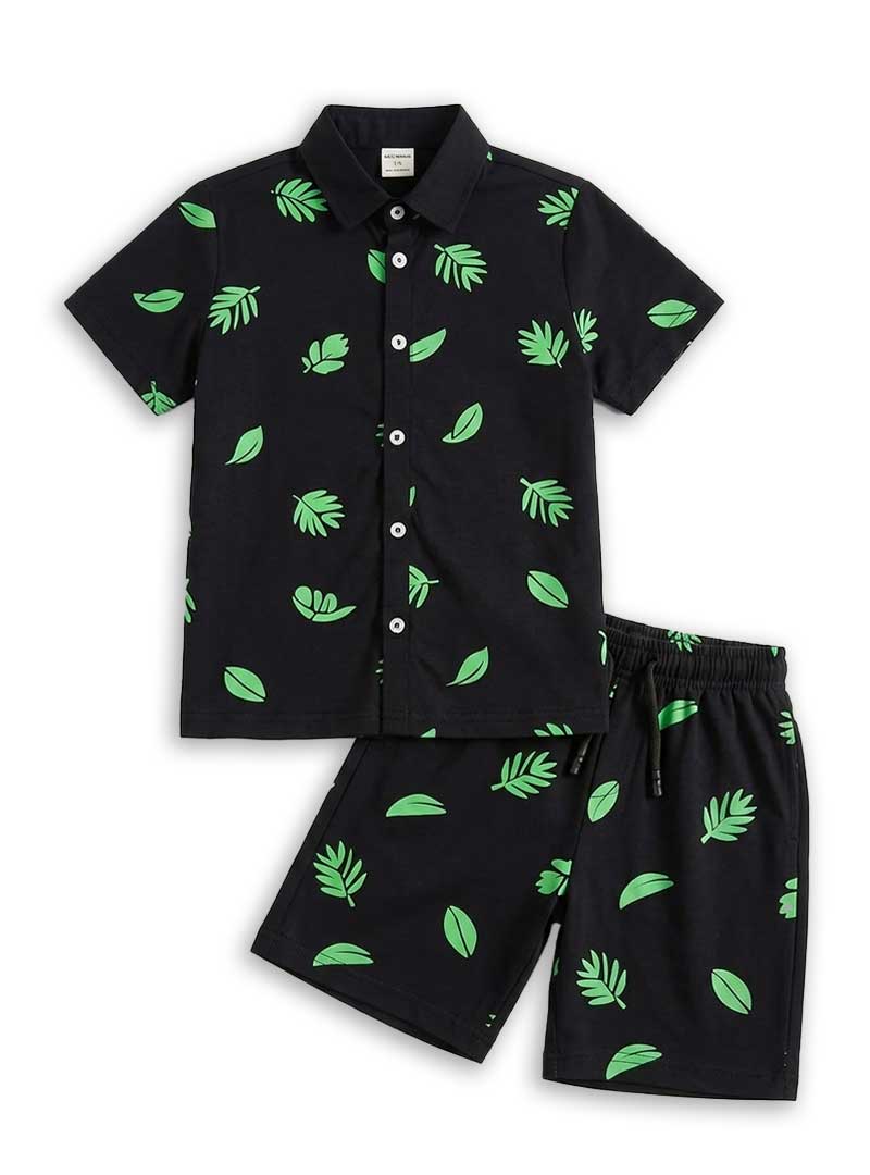 Boys Casual Leaf Print Button Shirt with Shorts Set