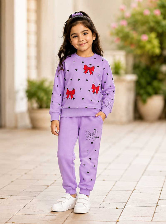Lavender Heart & Bow Print Girls Tracksuit