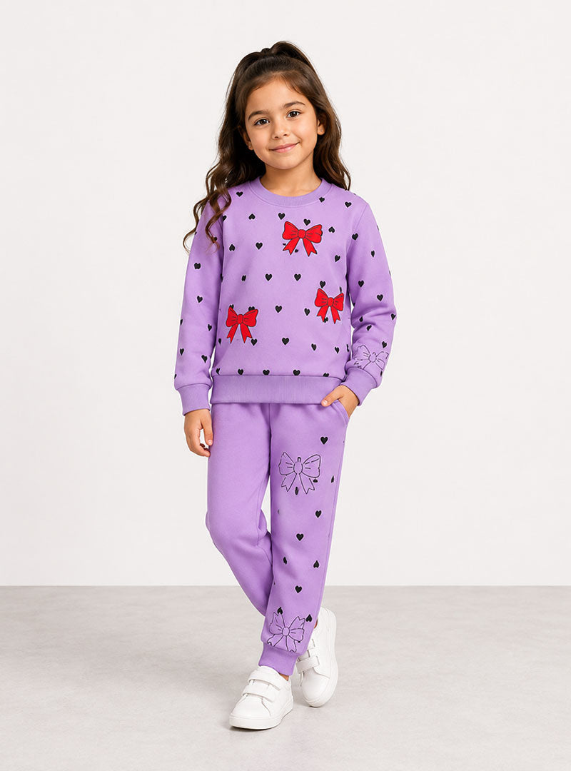 Lavender Heart & Bow Print Girls Tracksuit