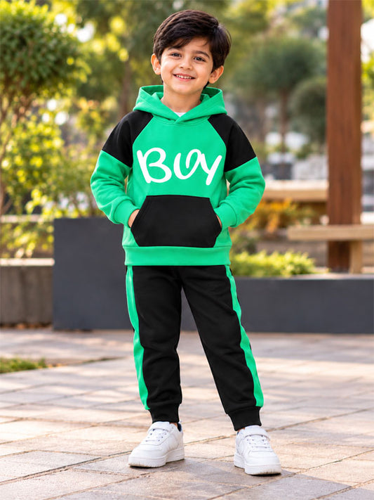 Boys Green & Black Color Block Hoodie Trouser Tracksuit Set