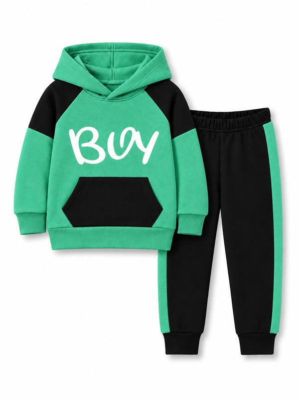 Boys Green & Black Color Block Hoodie Trouser Tracksuit Set