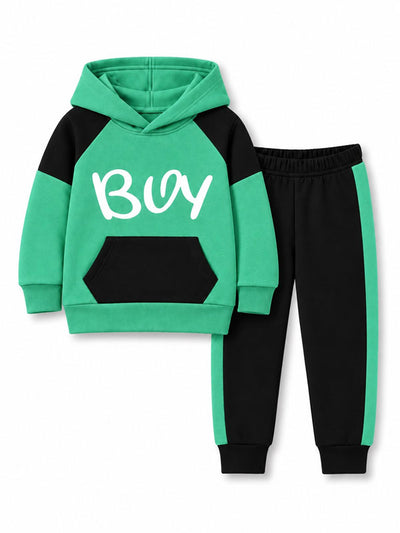Boys Green & Black Color Block Hoodie Trouser Tracksuit Set