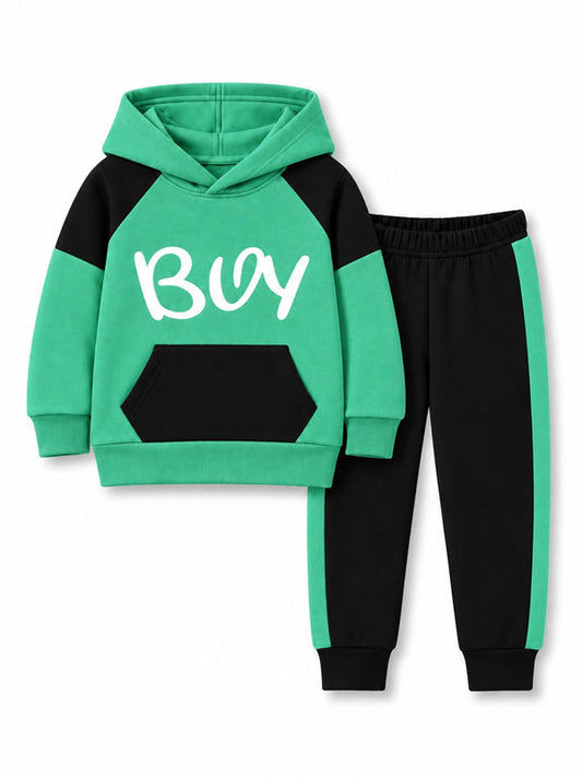 Boys Green & Black Color Block Hoodie Trouser Tracksuit Set