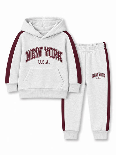 Boys Grey & Maroon New York Hoodie Trouser Tracksuit Set