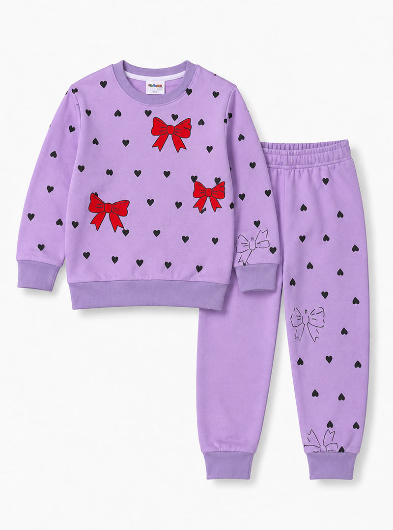 Lavender Heart & Bow Print Girls Tracksuit