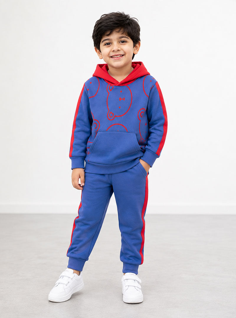 Blue & Red Bear Print Kids Hoodie Trouser Set