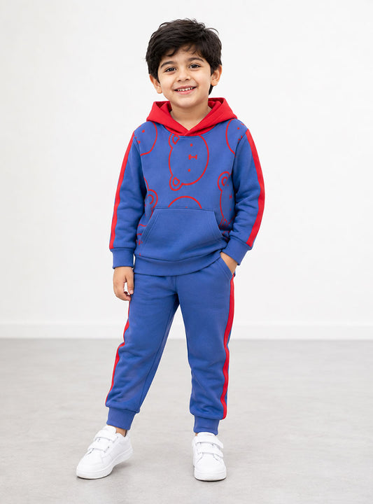 Blue & Red Bear Print Kids Hoodie Trouser Set