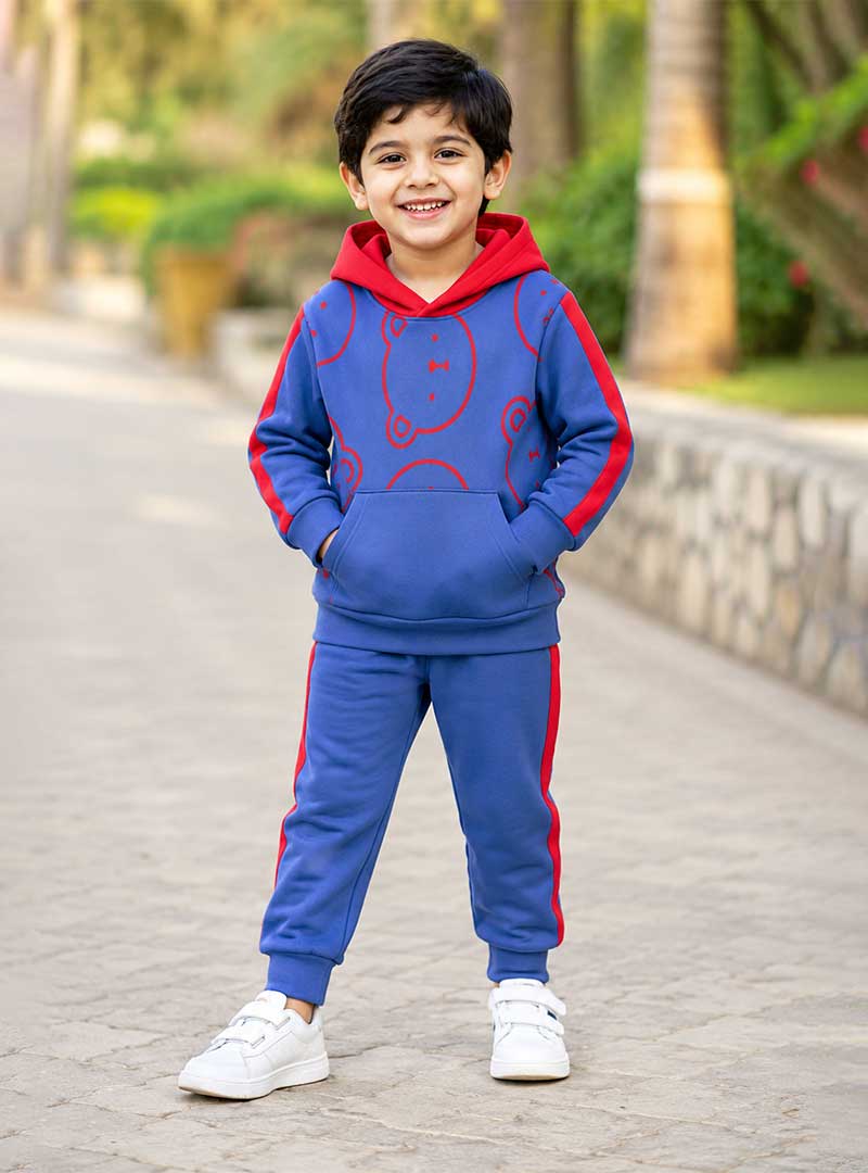 Blue & Red Bear Print Kids Hoodie Trouser Set