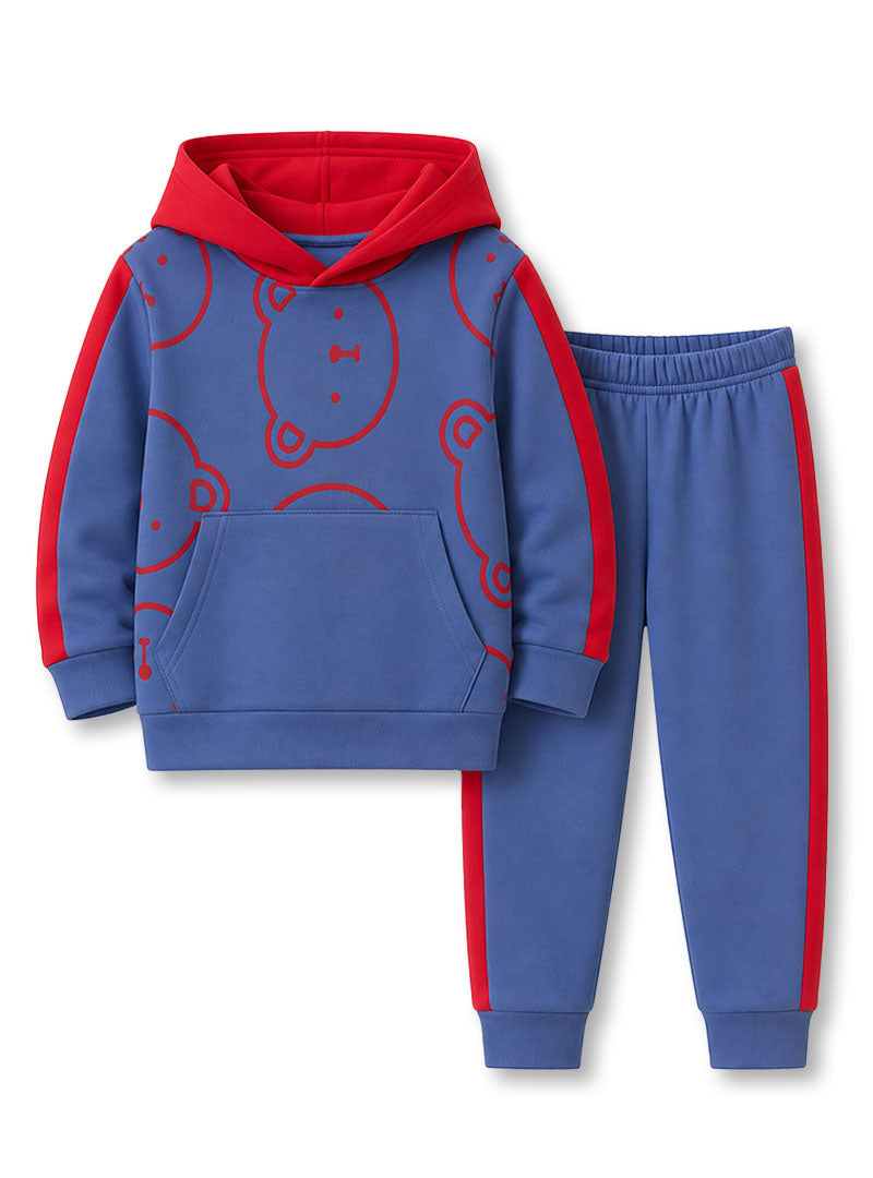 Blue & Red Bear Print Kids Hoodie Trouser Set