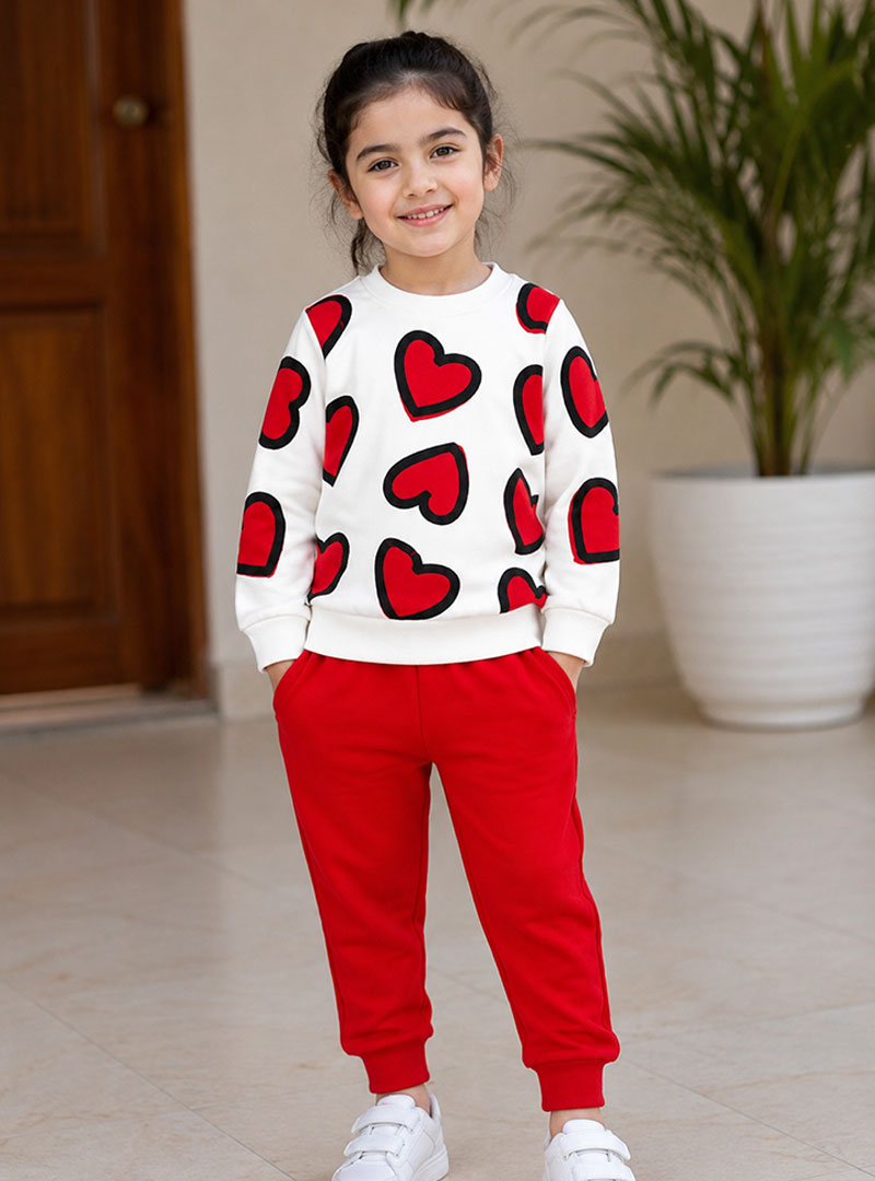 Premium Red & White Heart Print Girls Tracksuit