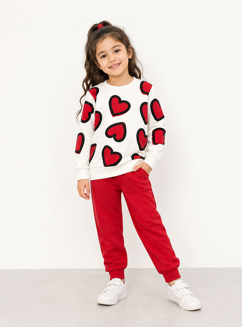 Premium Red & White Heart Print Girls Tracksuit