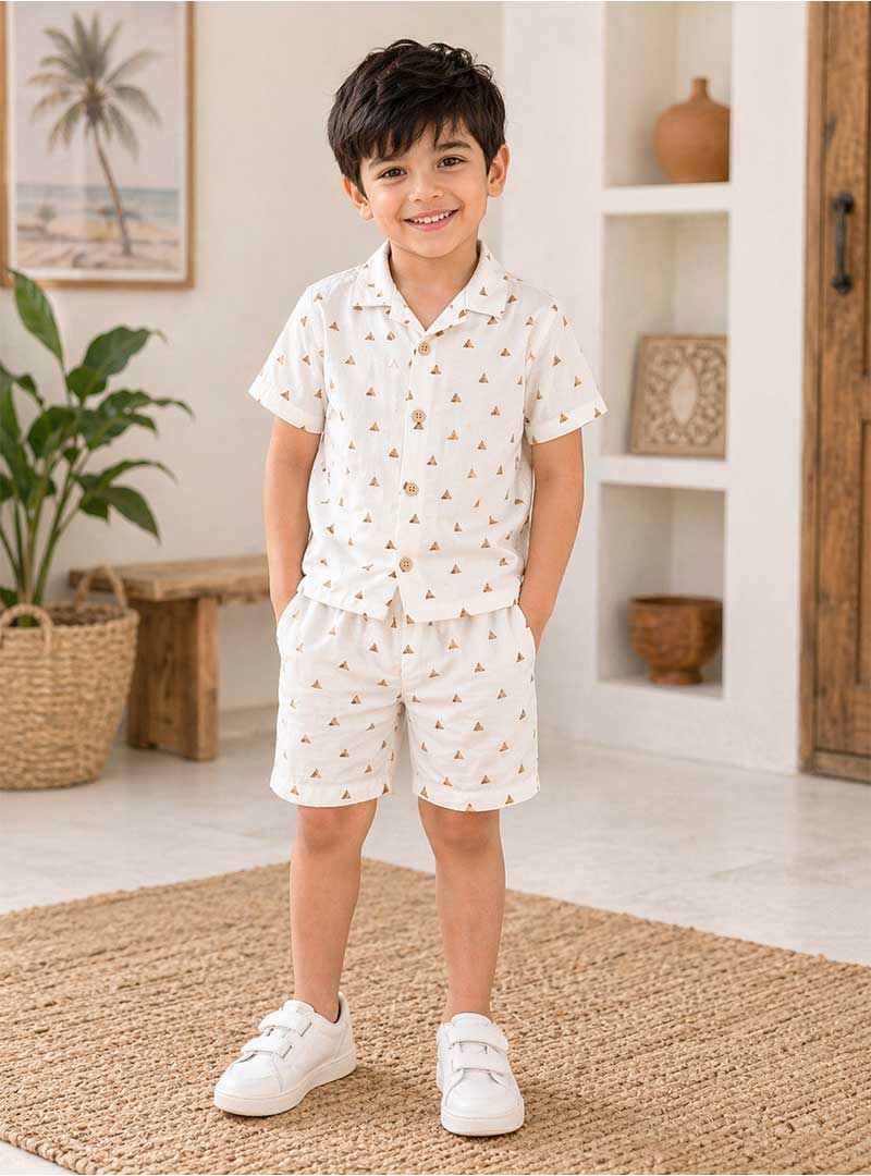 Kids Triangle Print Button-Up Shirt with Matching Shorts