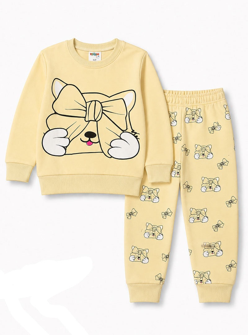 Girls Yellow Cute Cat & Bow Print Winter Tracksuit Set