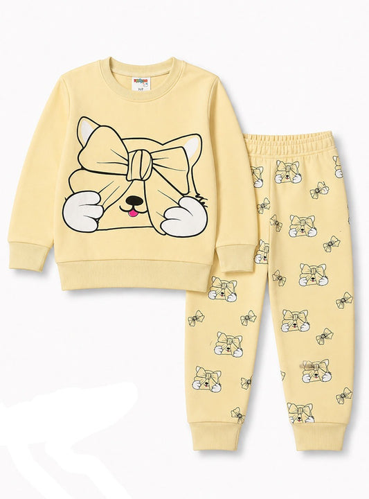 Girls Yellow Cute Cat & Bow Print Winter Tracksuit Set