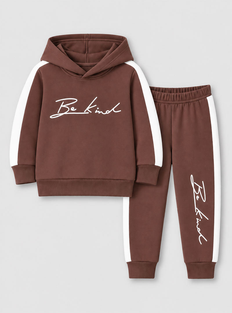 Boys brown Be Kind hoodie and trouser tracksuit set flat lay