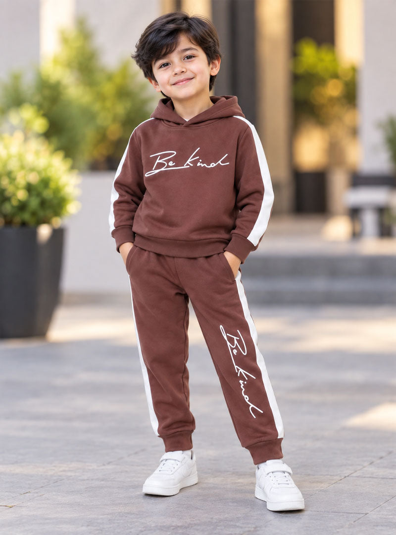 Boys brown Be Kind hoodie and trouser tracksuit set