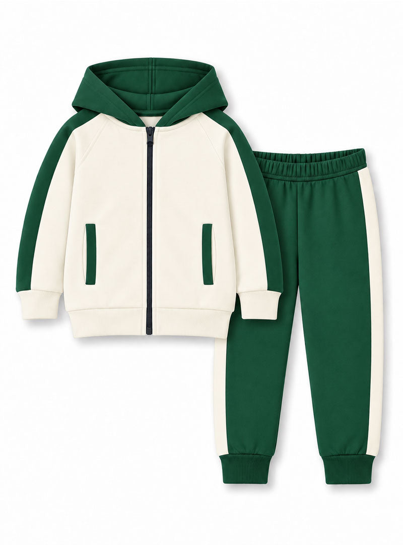 Boys green and cream zip hoodie with matching green trousers winter tracksuit set