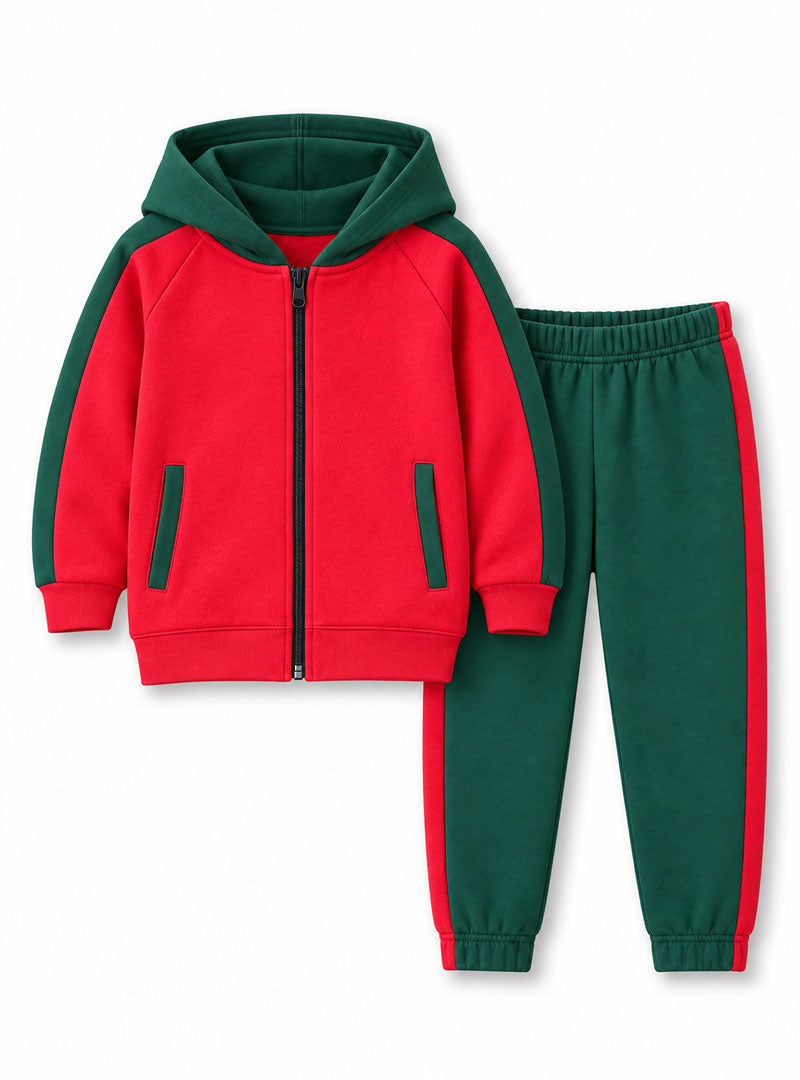 Boys red and green hoodie and trouser winter tracksuit set