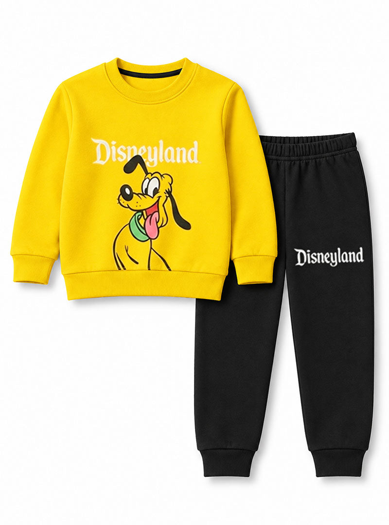 Yellow sweatshirt and black trouser Disneyland printed kids winter tracksuit set
